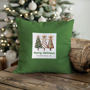 Festive Christmas Trees Watercolor Custom Name Cushion