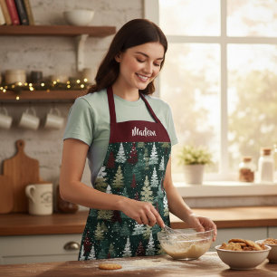 Festive Christmas Trees Winter Personalised Name Apron
