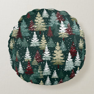Festive Christmas Trees Winter Snow Holiday Round Cushion