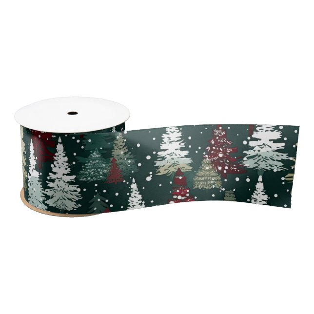 Festive Christmas Trees Winter Snow Holiday Satin Ribbon (Spool)