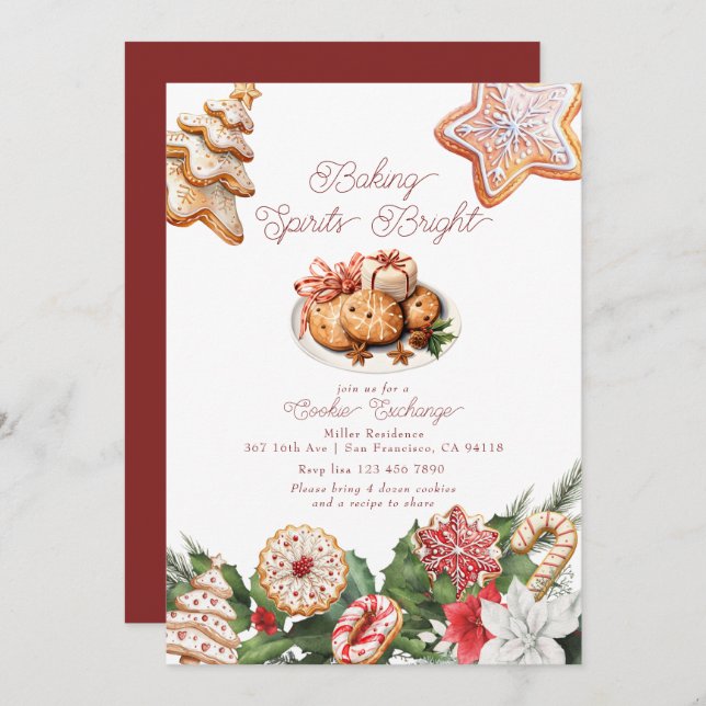 Festive Christmas Watercolor Cookie Exchange Invitation (Front/Back)
