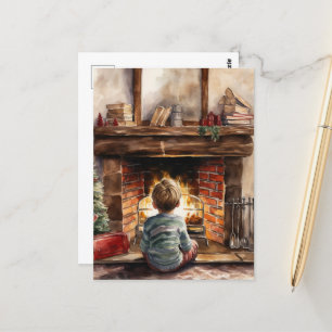 Festive Christmas watercolor fireplace child Postcard