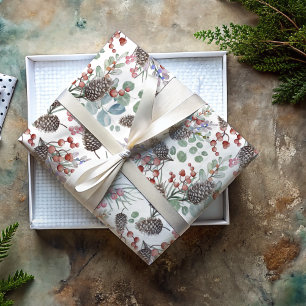 Festive Christmas Watercolor Foliage Berry Wrapping Paper Sheet
