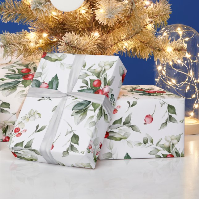 Festive Christmas Watercolor Foliage Holly Berry Wrapping Paper (Holidays)