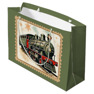 Festive Christmas watercolor Holiday train  Large Gift Bag