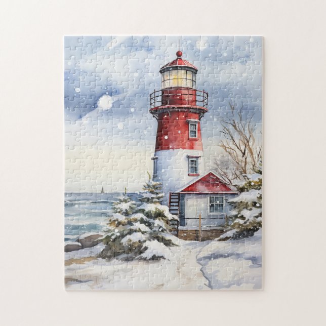 festive Christmas watercolor lighthouse lovers Jigsaw Puzzle (Vertical)