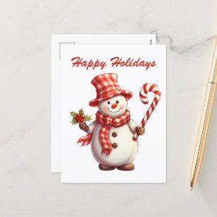 Festive Christmas watercolor peppermint snowman Holiday Postcard