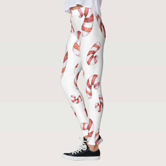 Festive Christmas Watercolor Red White Candy Cane Leggings (Left)