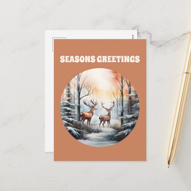 festive Christmas watercolor reindeer add text Holiday Postcard (Front/Back In Situ)