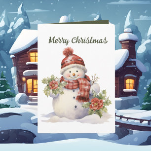 Festive Christmas watercolor snowman  Card