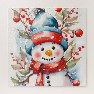 festive Christmas watercolor snowman Jigsaw Puzzle