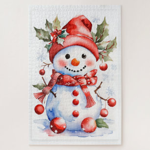 festive Christmas watercolor snowman Jigsaw Puzzle