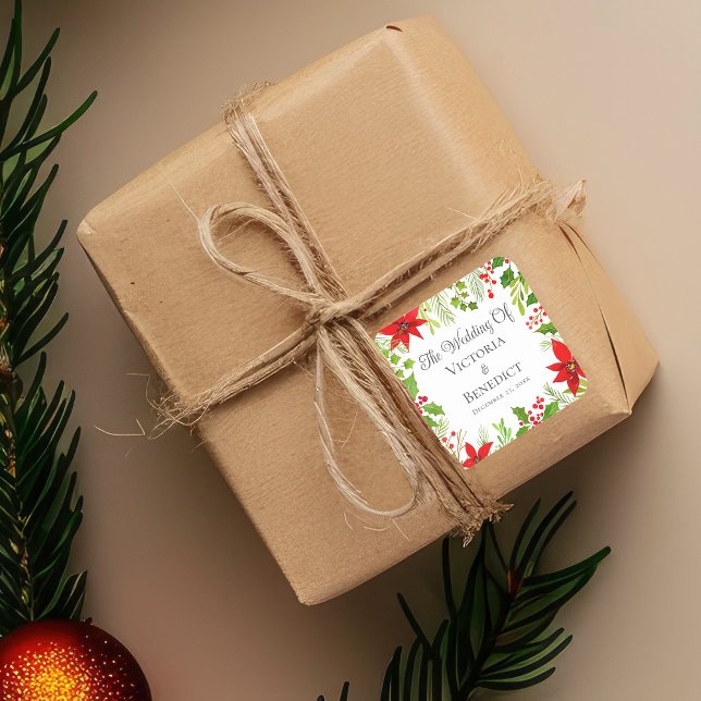 Festive Christmas Wedding Floral Personalised Square Sticker (Creator Uploaded)