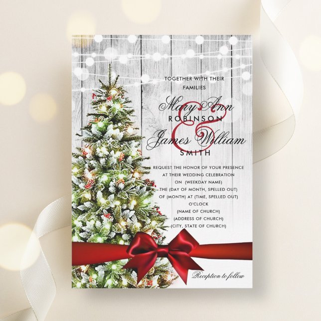Festive Christmas Wedding Tree Lights & Red Ribbon Invitation (Festive Christmas Wedding Tree Lights & Red Ribbon Invitation)