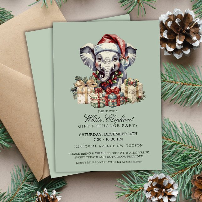 Festive Christmas White Elephant Gift Exchange Invitation (Cute Sage Green festive Christmas White Elephant Gift Exchange Party Invitations printable digital)