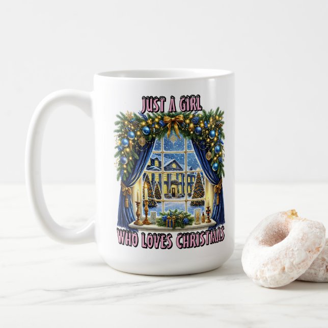 Festive Christmas Window View Coffee Mug (With Donut)