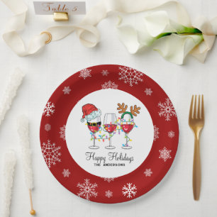 Festive Christmas Wine Glasses Happy Holidays Paper Plate