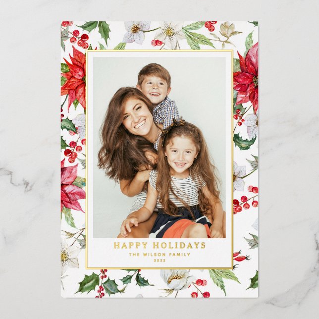 Festive Christmas Winter Floral Pattern Photo Foil Holiday Card (Front)