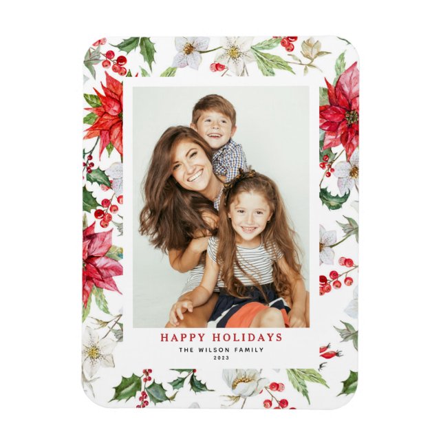 Festive Christmas Winter Floral Pattern Photo Magnet (Vertical)