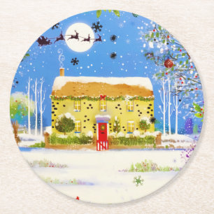 Festive Christmas Winter Home Watercolor Round Paper Coaster