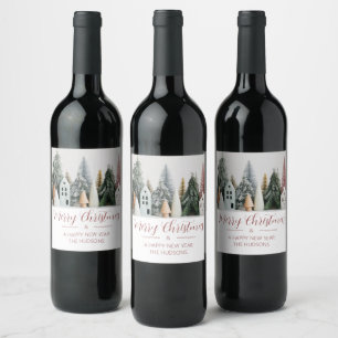 Festive Christmas Winter Snow Village Wine Label