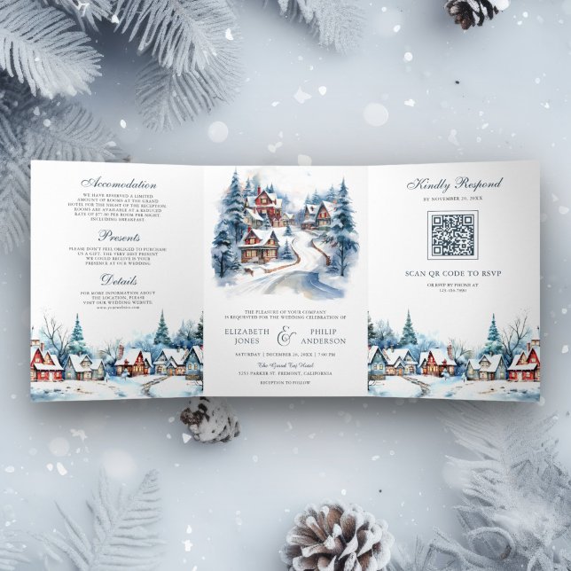 Festive Christmas Winter Village QR Code Wedding Tri-Fold Invitation (Creator Uploaded)