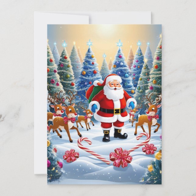 Festive Christmas Wonderland with Santa & Reindeer Holiday Card (Front)