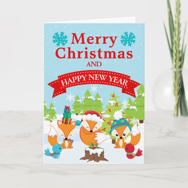 Festive Christmas Woodland Fox Friends Holiday Card (Front)
