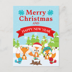Festive Christmas Woodland Fox Friends Holiday Postcard