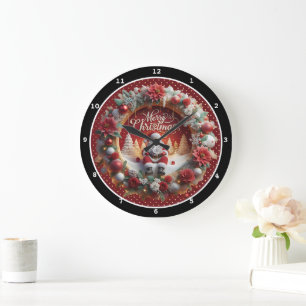 Festive Christmas Wreath and Holiday Decorations Large Clock
