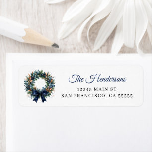 Festive Christmas Wreath Blue Holiday Address Return Address Label