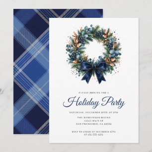 Festive Christmas Wreath Blue Holiday Party Invitation