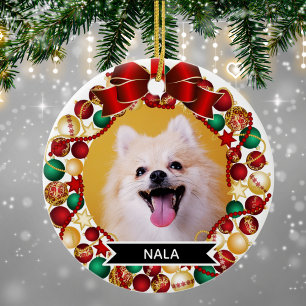 Festive Christmas Wreath Custom Dog Pet Photo  Ceramic Ornament