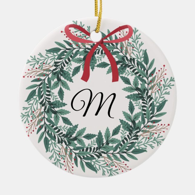 Festive Christmas Wreath Custom Initial and Photo Ceramic Ornament (Front)