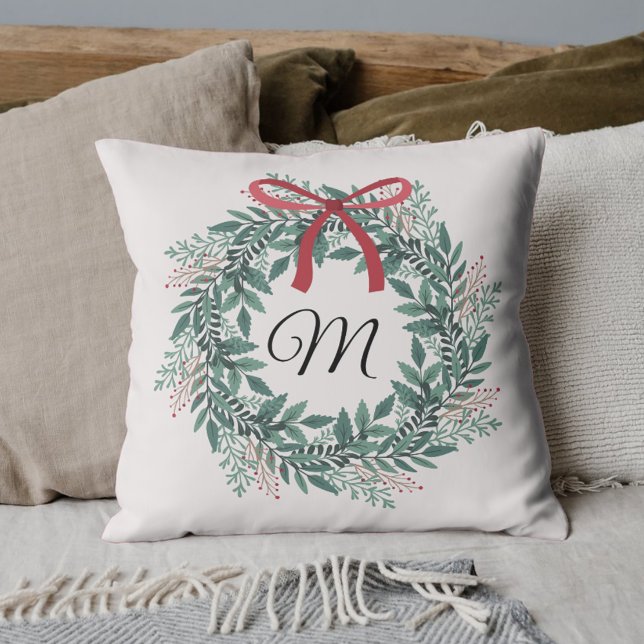Festive Christmas Wreath Custom Initial Cushion (Creator Uploaded)