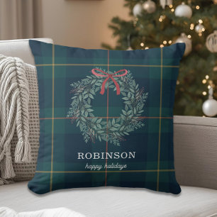 Festive Christmas Wreath Family Name Holiday Cushion