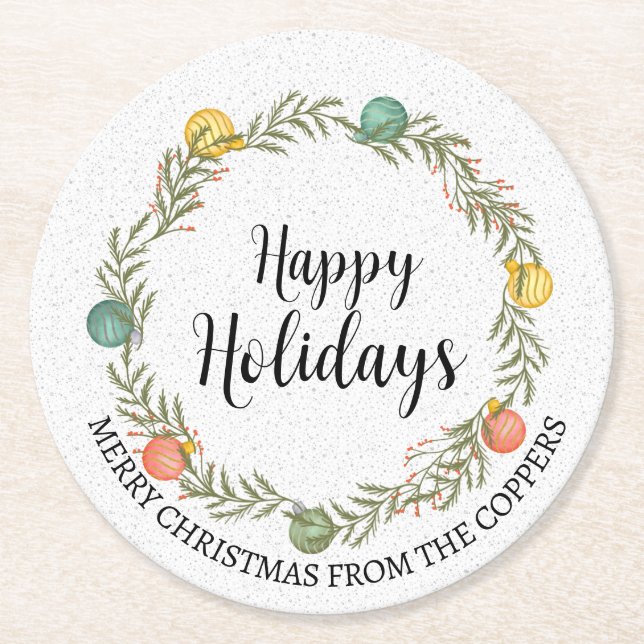 Festive Christmas Wreath Happy Holidays Round Paper Coaster (Front)
