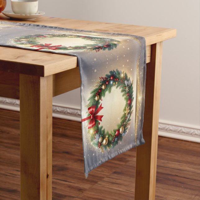 Festive Christmas Wreath Holiday Table Runner (In Situ)