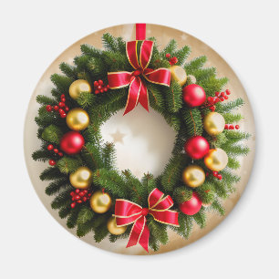 Festive Christmas Wreath on Starry Gold Magnet