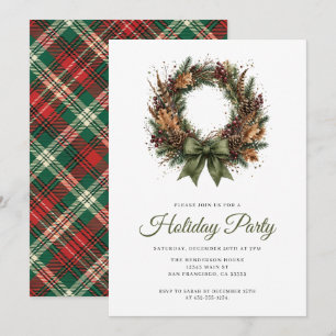 Festive Christmas Wreath Plaid Holiday Party Invitation