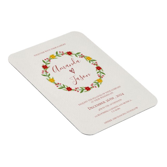 Festive Christmas Wreath Red Green Floral wedding  Magnet (Right Side)