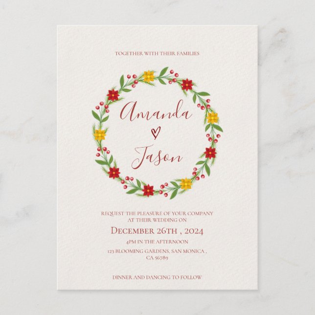 Festive Christmas Wreath Red Green Floral wedding  Postcard (Front)