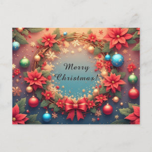 Festive Christmas Wreath 🎄✨ Red Poinsettia Holiday Postcard