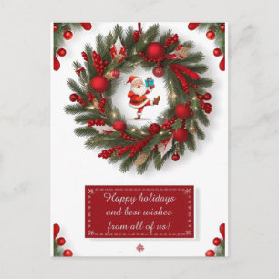 ✨ Festive Christmas Wreath Santa  Greenery Red Postcard