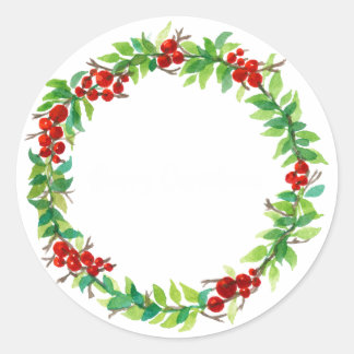 Festive Christmas wreath with red berries Classic Round Sticker