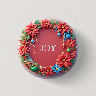 Festive Christmas Wreath with Red Poinsettias 3 Cm Round Badge