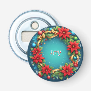 Festive Christmas Wreath with Red Poinsettias Bottle Opener