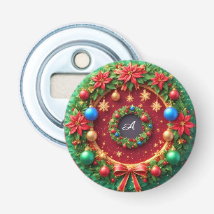 Festive Christmas Wreath with Red Poinsettias Bottle Opener