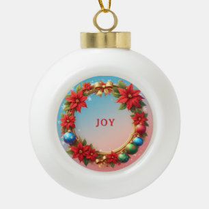 Festive Christmas Wreath with Red Poinsettias Ceramic Ball Christmas Ornament