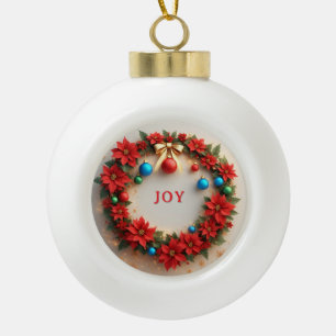 Festive Christmas Wreath with Red Poinsettias Ceramic Ball Christmas Ornament